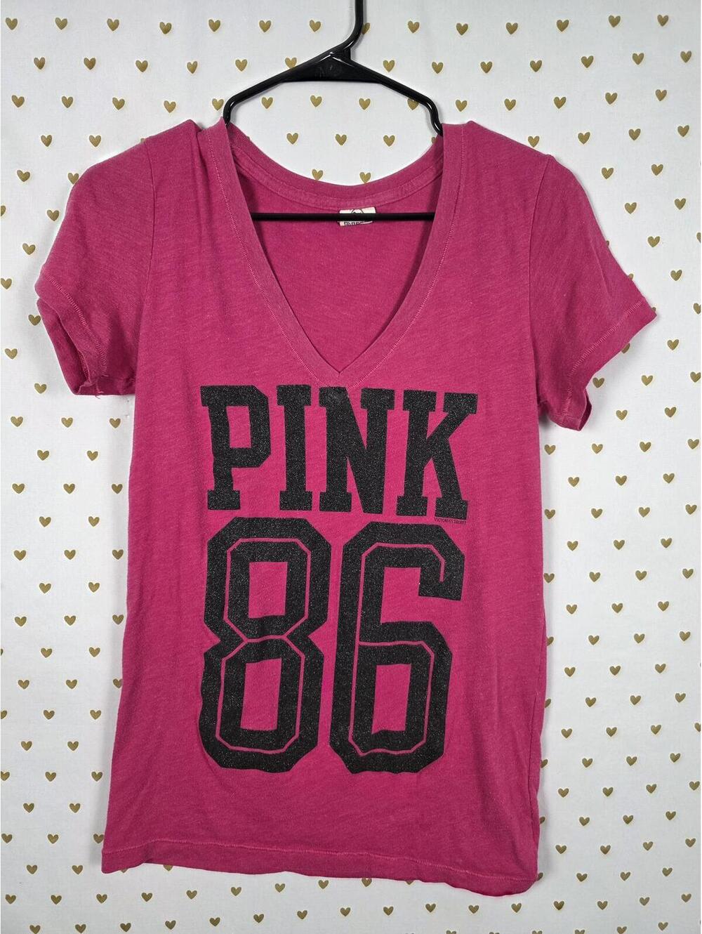 Victorias Secret PINK Bling Glitter Logo V neck Vintage Tee Shirt Y2k MEDIUM